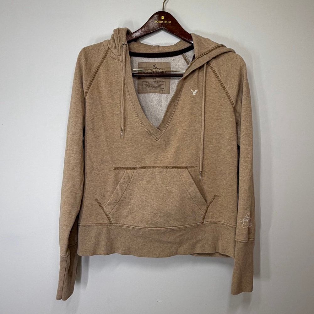 American Eagle V Neck Hoodie Large Tan Heathered Fleece Pullover Boho Y2K Coasta